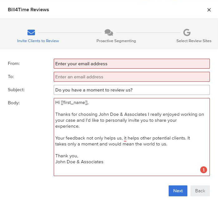 Easily add requesting reviews from your clients in a streamlined workflow.