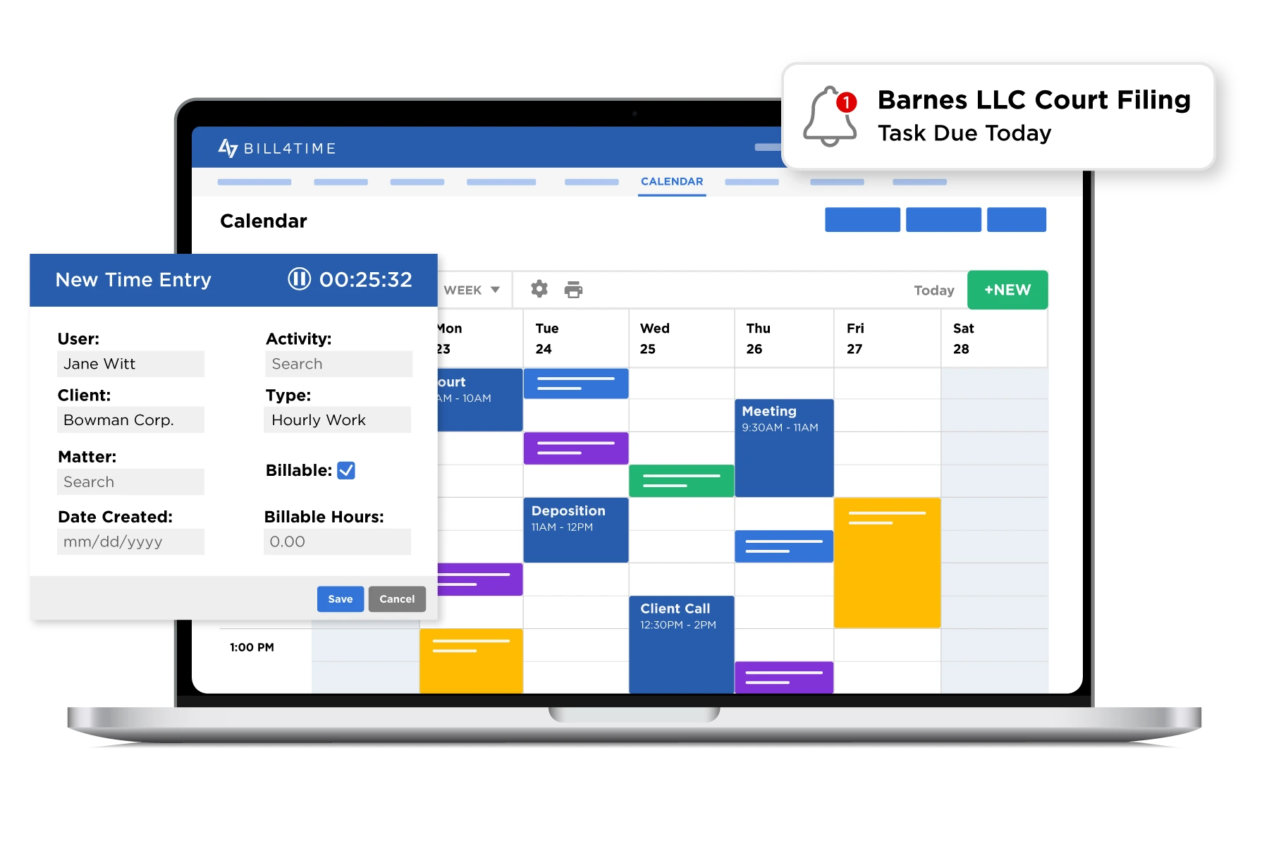Viewing law firm calendar and creating an event time entry
