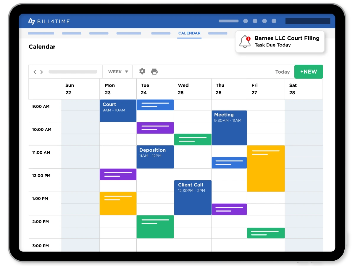 A calendar with an event reminder showing in the top right