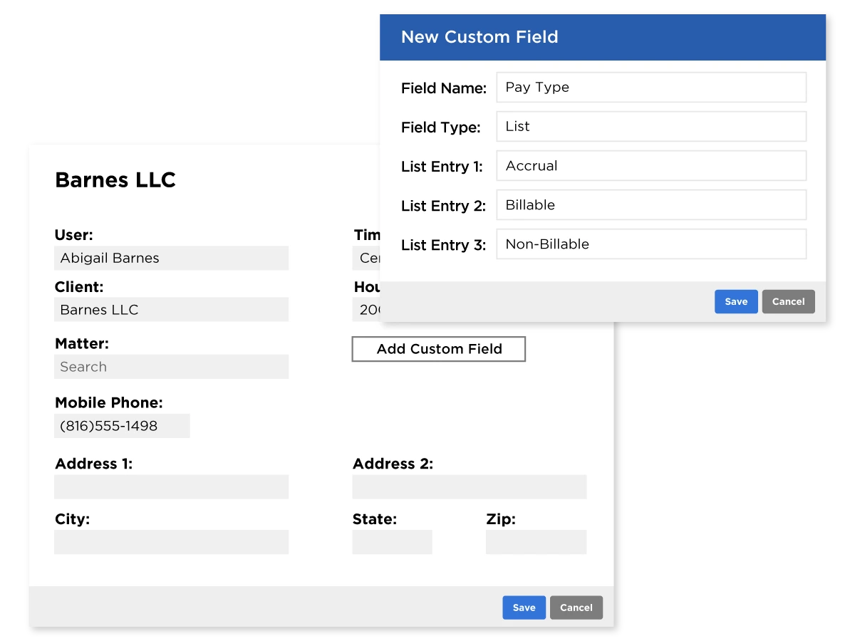 An example of the custom fields you can add into a document in Bill4Time