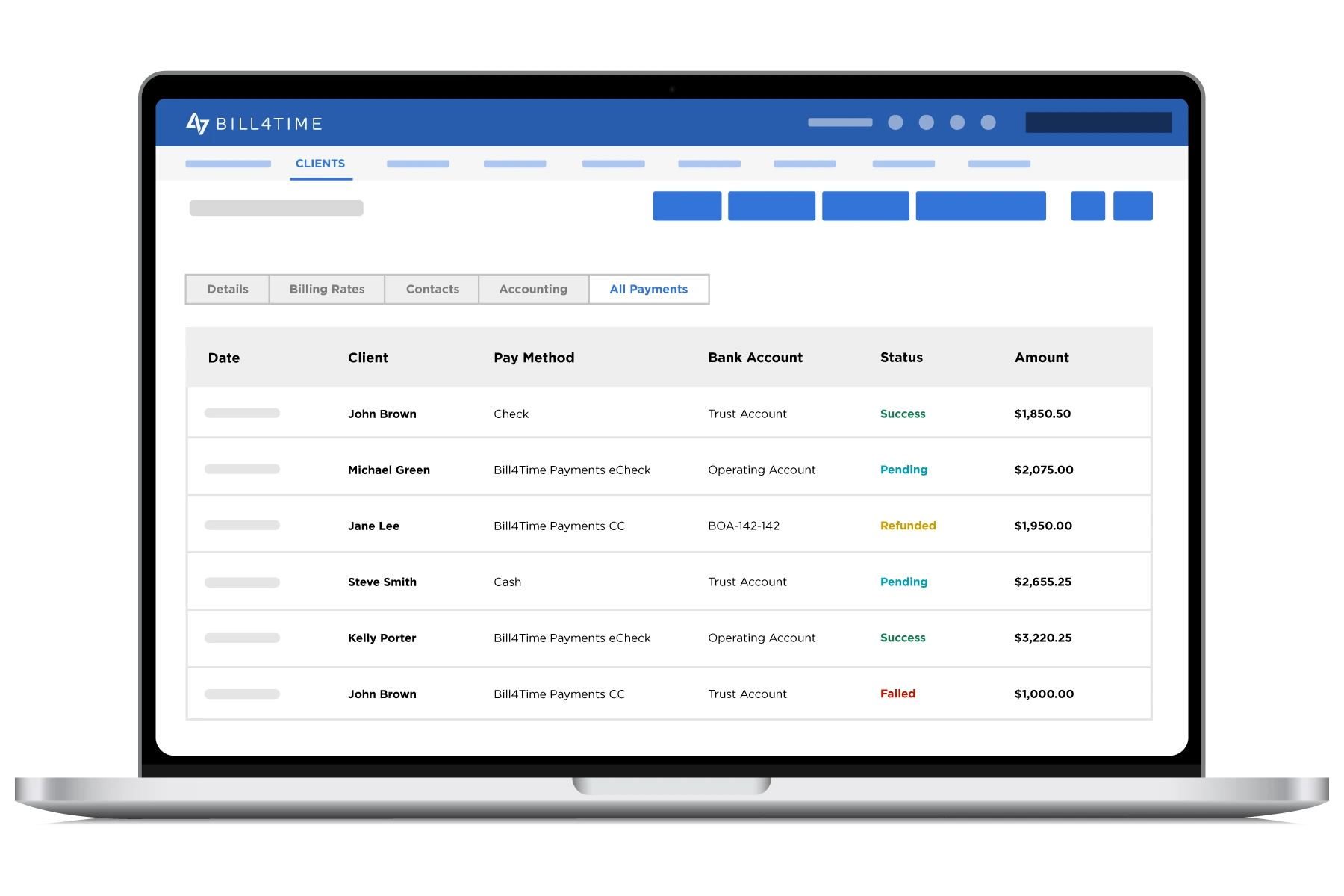 Bill4Time Payment's dashboard view