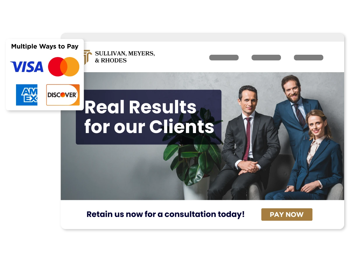 A law firm website with credit card logos beside it