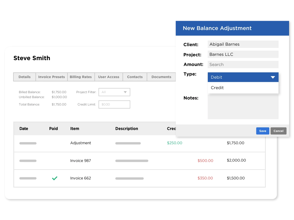Debit and credit balance popup on client dashboard