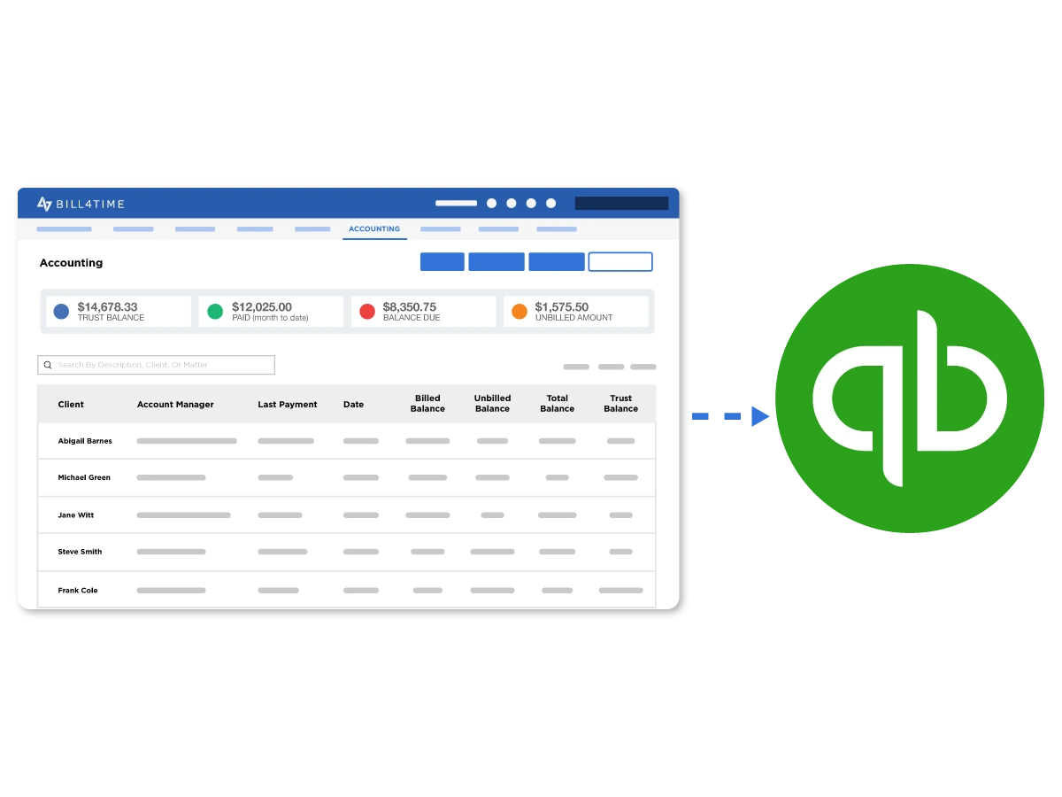 QuickBooks logo connected to Bill4Time dashboard