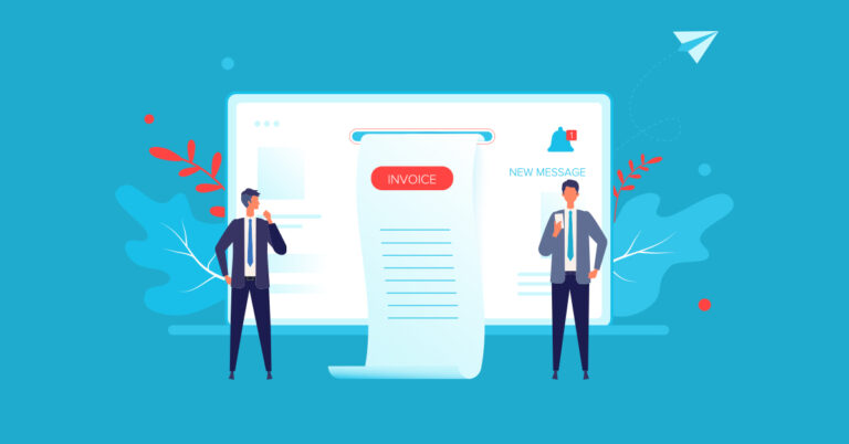 Illustration of 2 animated business men in front of computer screen with email on it.