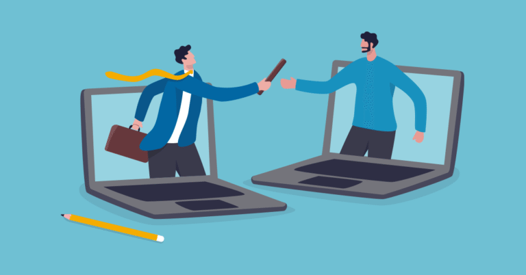 Illustration of two laptops with animated characters in business attire.