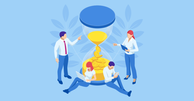Business team managing time and money with hourglass and coins.