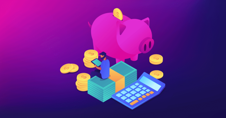 Illustration of a big piggy bank with a lawyer saving money.