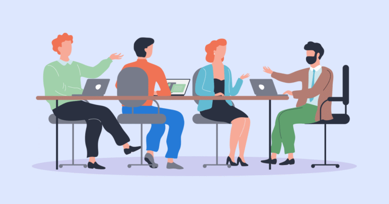 A group of attorneys at a table discussing the best file tree structure templates