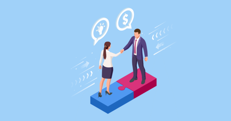 Illustration of 2 lawyers standing on puzzle pieces shaking hands.