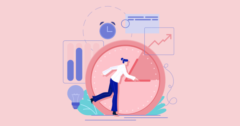 A woman standing in front of a clock being productive
