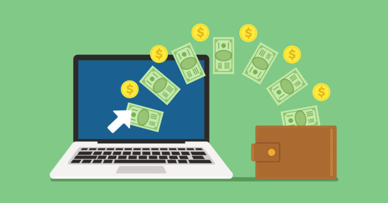 Illustration of money going from wallet to the computer.