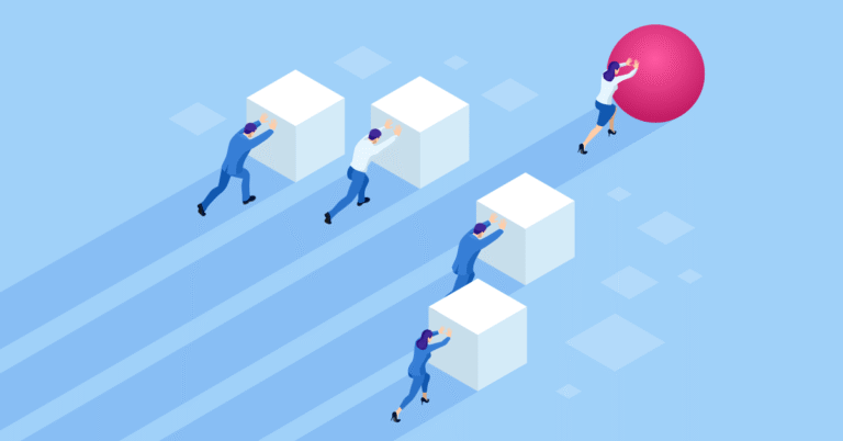 Illustration of lawyers pushing boxes and one lawyer pushing a ball going faster.
