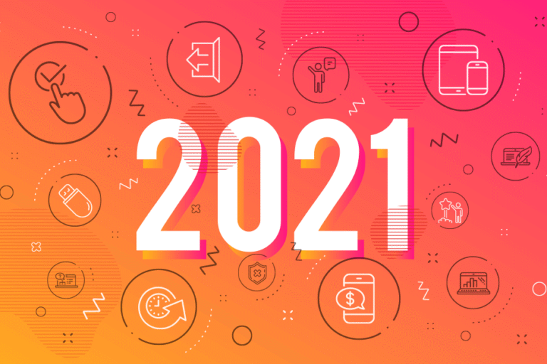 Illustration of 2021 text in the middle of the screen and legal billing software icons.