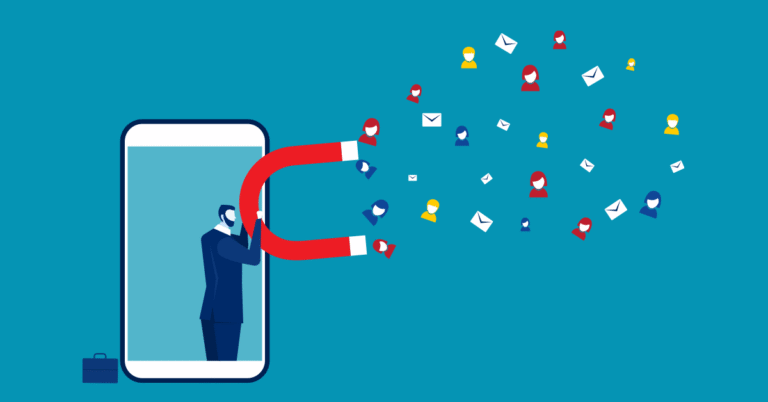 Illustration of lawyer attracting clients with a magnet.