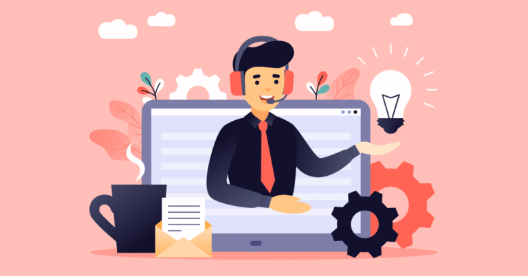 Animated receptionist in front of a computer screen giving good customer service.