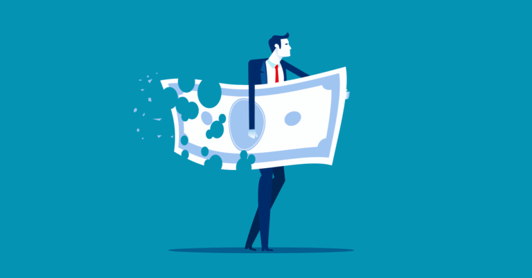 Illustration of lawyer carrying money and it's deteriorating.