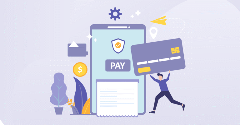 Illustration of man holding a large credit card to make a payment.