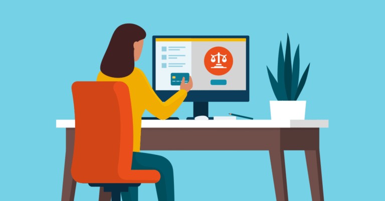 Illustration of a lawyer in front of a computer trying to boost payments.