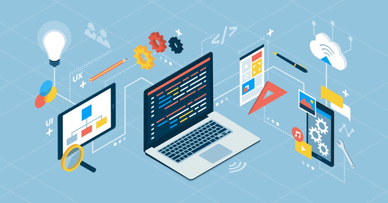 Illustration of a laptop with technology tools surrounding it.