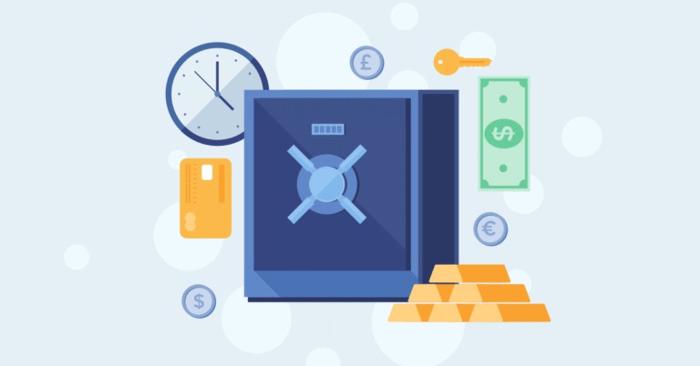 Illustration of a safe with money in it.