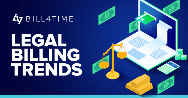 Legal billing trends illustration with laptop, scales of justice, money, and calculator.