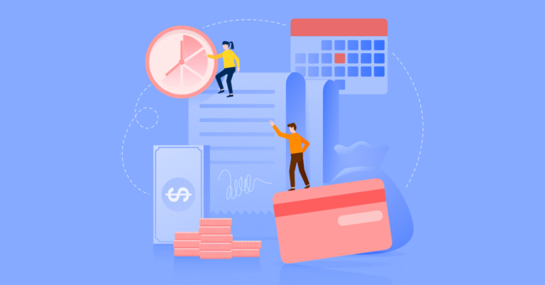 Two people with a calendar, money and a bill